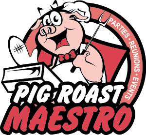 A cartoon pig chef wearing a white chef hat and apron, holding a fork and serving a pig roast. Text says 'Pig Roast Maestro' with additional wording 'Parties, Reunions, Events.'