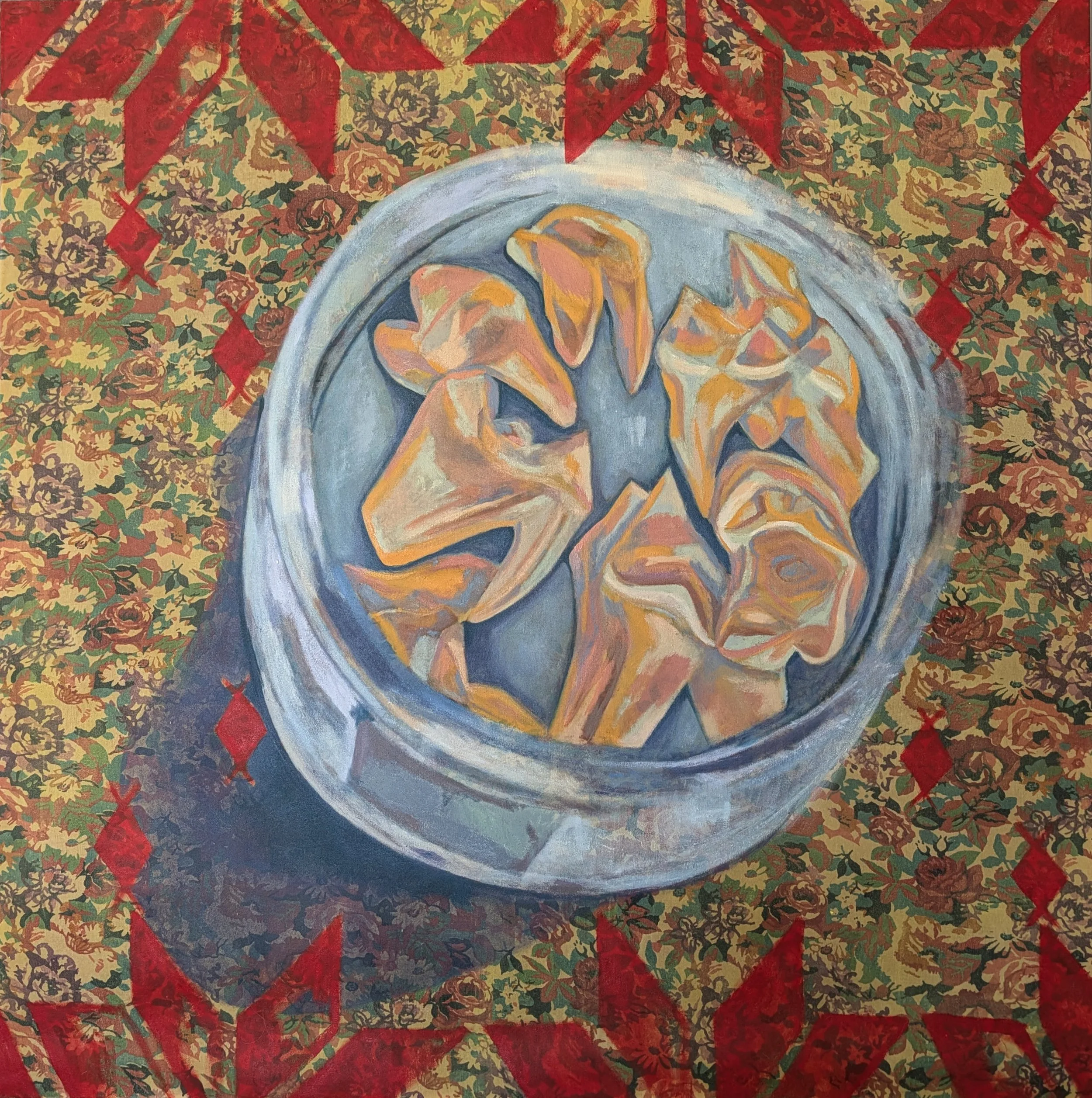 A painted canvas featuring teeth in a jar with circular and angular shapes in blue, orange, and yellow hues, surrounded by a floral patterned background with red, green, and yellow colors.