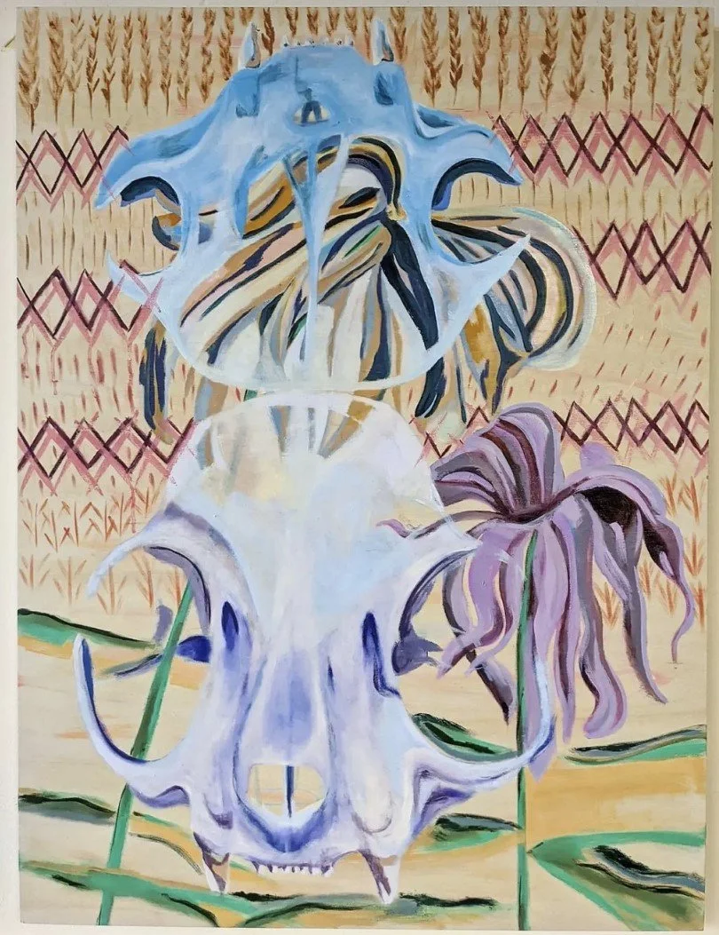 A painting of a skull of a large animal, possibly a bovine, with large horns, set against a background of stylized plants and geometric patterns.