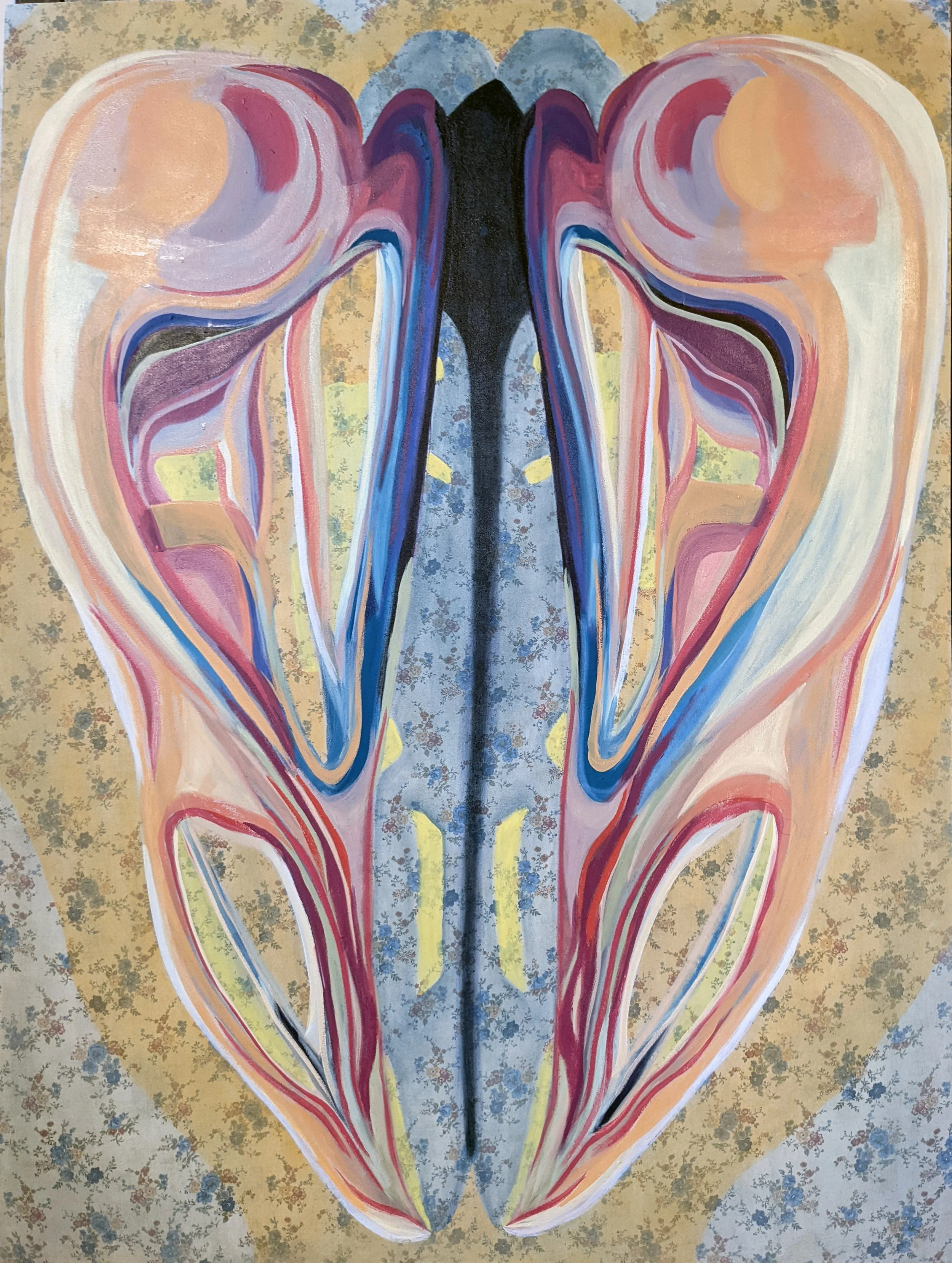 Abstract painting of two skulls with colorful, swirling patterns on a fabric textured background.