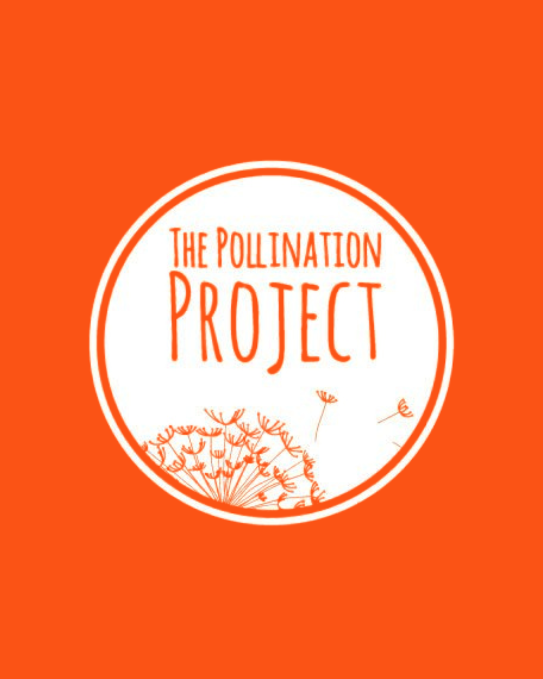 Cover of 'The Pollination Project' with orange background, white circle, and dandelion illustration.