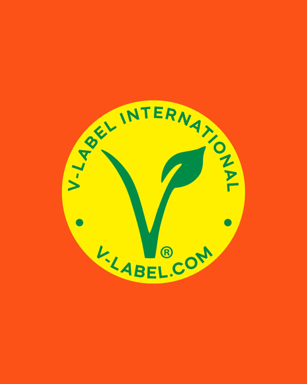 V-Label International certification logo with a green check mark and a leaf on a yellow circle, on an orange background.