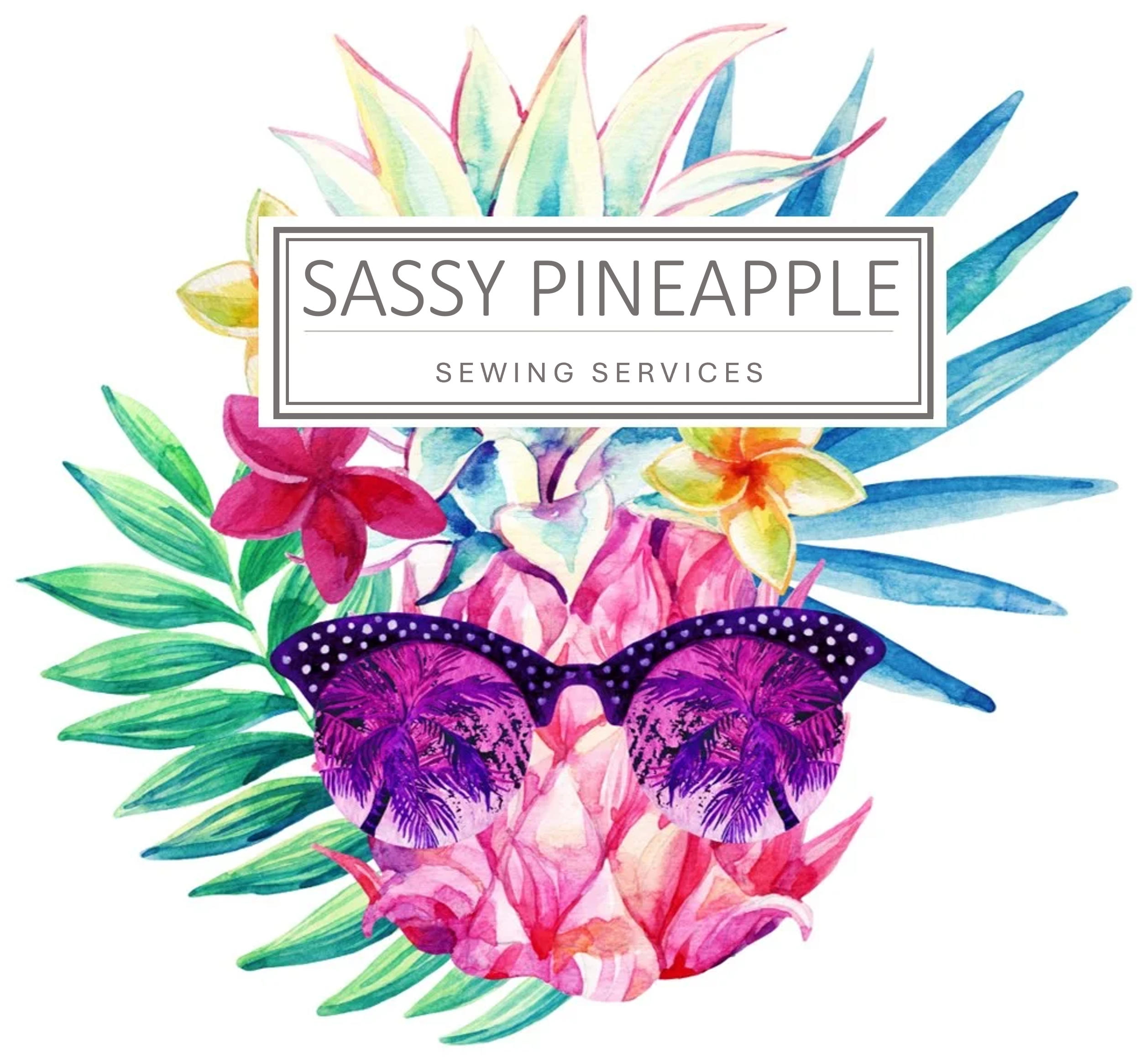 Colorful watercolor illustration of a pineapple with various tropical flowers and green leaves around it, with a business card overlay that reads "Sassy Pineapple Sewing Services."