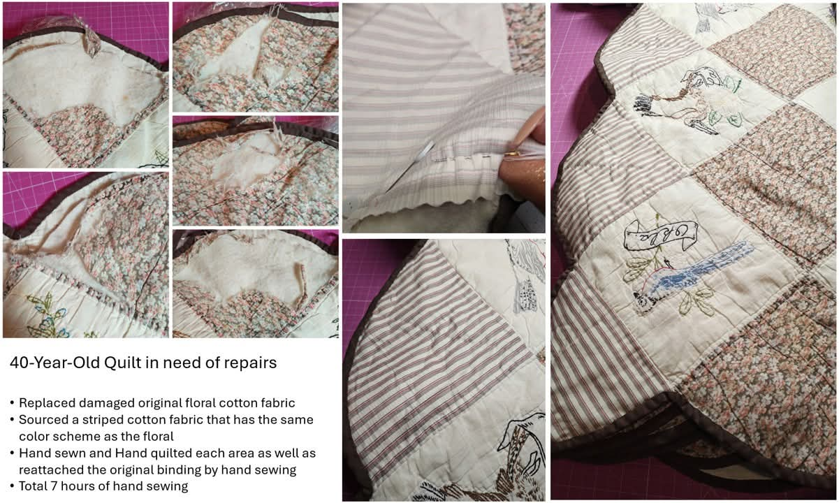 Collage of images showing the repair process of a 40-year-old quilt with floral and striped fabric, including fabric replacement, hand quilting, and intricate stitching details.
