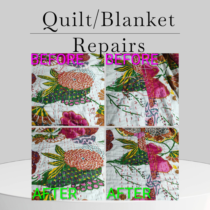 A poster about quilt and blanket repairs showing before and after patches of colorful quilted fabric with floral and geometric patterns.