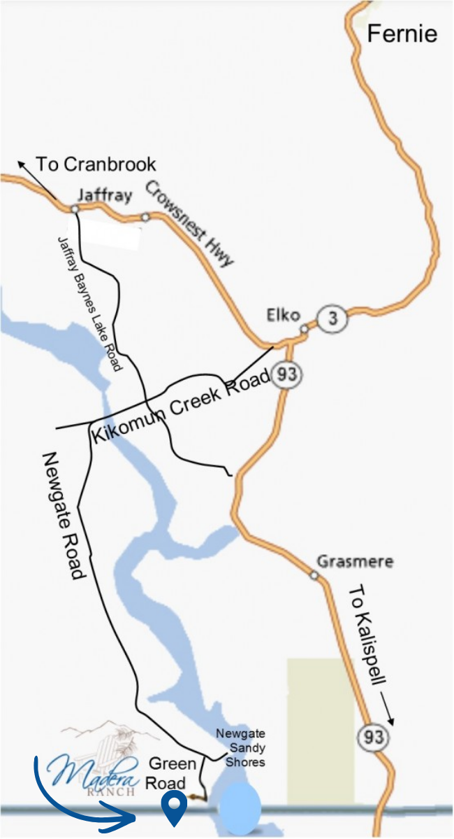 Map showing roads and locations in a region, including Fernie, Jaffray, Elko, Grasmere, and Green Road, with lakes and landmarks such as Jaffray Baynes Lake Road and the Mader Ranch.