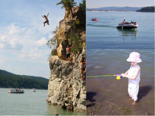 A split image showing outdoor water activities. On the left, people are cliff jumping into a lake with trees and boats in the background. On the right, a child in a hat stands in shallow water, fishing with a toy fishing rod, and a boat with people o