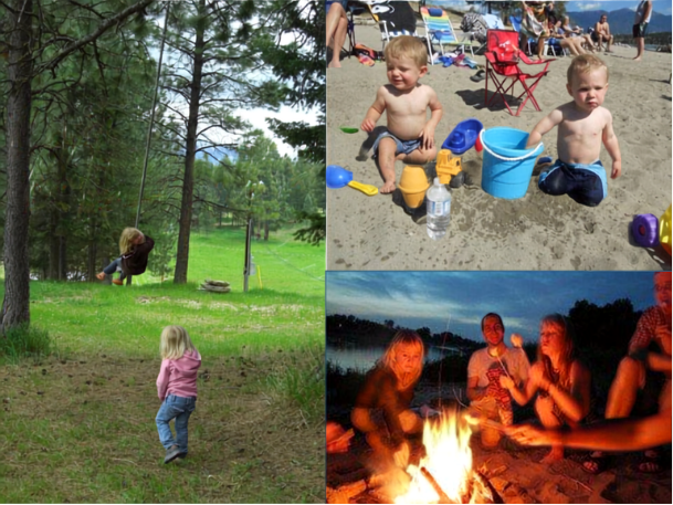 Collage of four outdoor scenes: a girl swinging on a swing in a park, two children playing in the sand with buckets, a girl standing by a lake at dusk, and a group of people around a campfire at night.