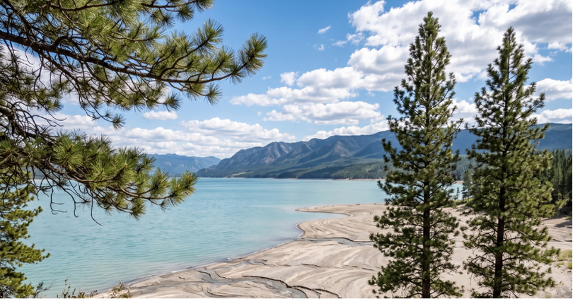 A scenic view of a lake with a sandy shoreline, surrounded by pine trees and mountains in the background under a partly cloudy sky.