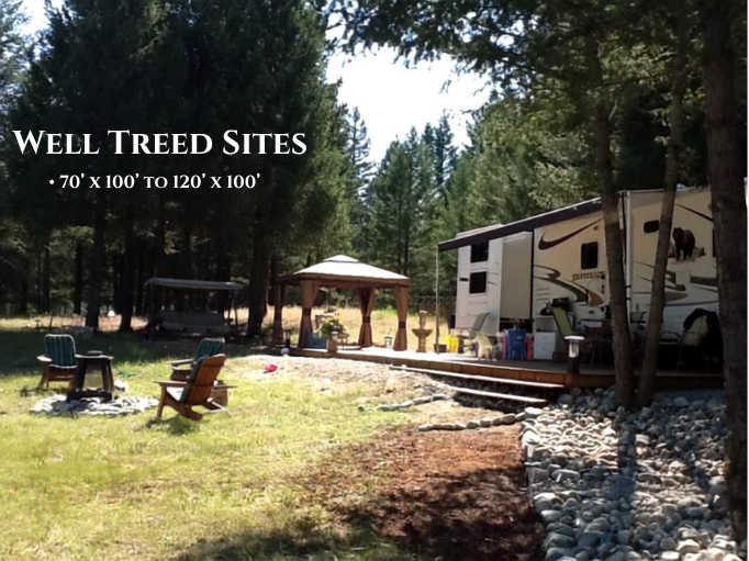 Campground with trees, a gazebo, outdoor chairs, a portable grill, and recreational vehicles.