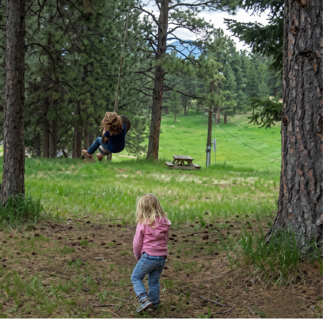 A young girl in a pink hoodie and jeans watching another girl swinging on a tire swing in a forested park.