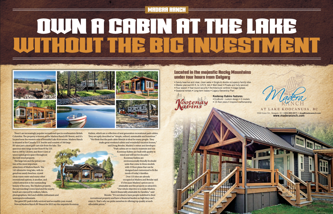 A brochure for Madera Ranch featuring a large heading, images of cabins, trees, a lake, and a boat, along with descriptive text about the property and amenities.