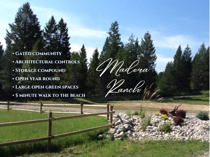 A promotional image for Madera Ranch showcasing a natural landscape with trees, a fenced grassy area, and decorative rocks with plants. Features bullet points highlighting community features like gated access, architectural controls, a storage pond, 