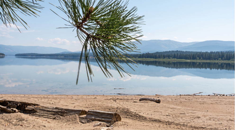 A sandy beach with driftwood in the foreground, a calm lake reflecting the blue sky and distant mountains, and pine tree branches hanging overhead.