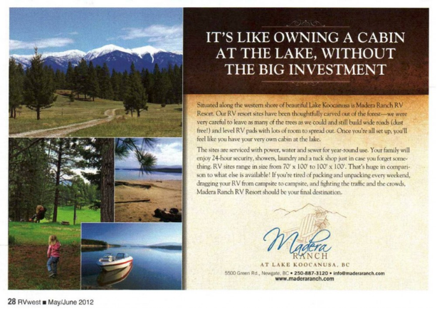 A brochure advertising Madera Ranch RV Resort in Lake Koocanusa, BC, featuring images of mountains, trees, a beach, and a boat.