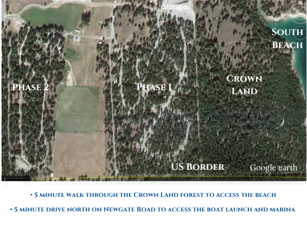 Aerial map showing a forested area divided into Phase 1 and Phase 2 sections, with Crown Land and South Beach marked on the coast, and US border along the bottom. Directions for accessing the beach and boat launch via walking and driving are included