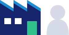 Factory with a sawtooth roof, beside a greyed-out figure standing apart from it