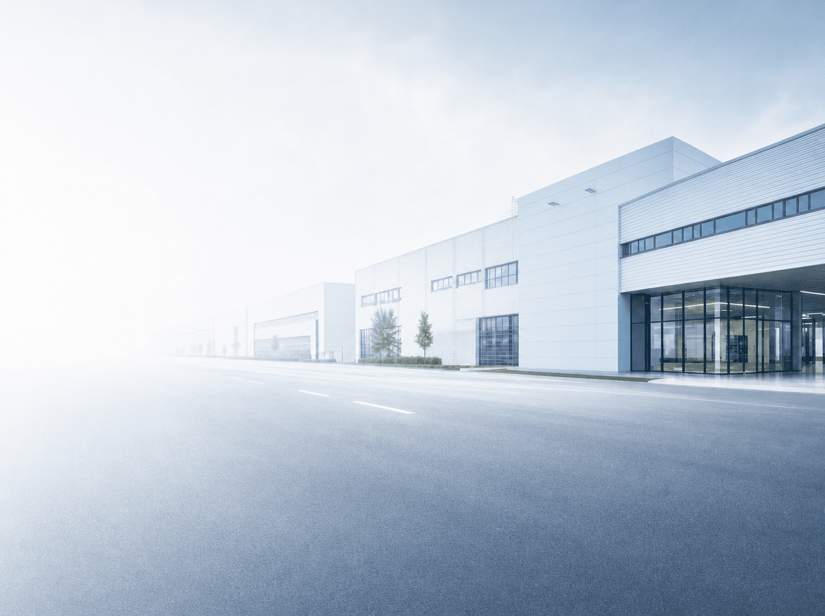 Modern white industrial building with a glass entrance beside an empty road