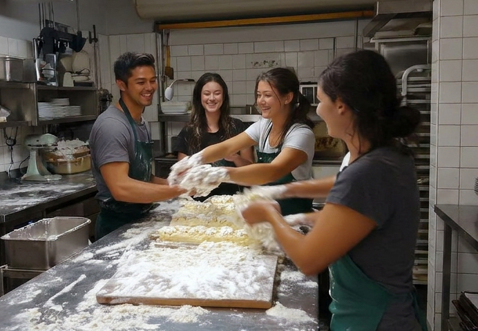 Team of bakers shaping dough along a prep bench in a commercial kitchen, with racks and mixers behind