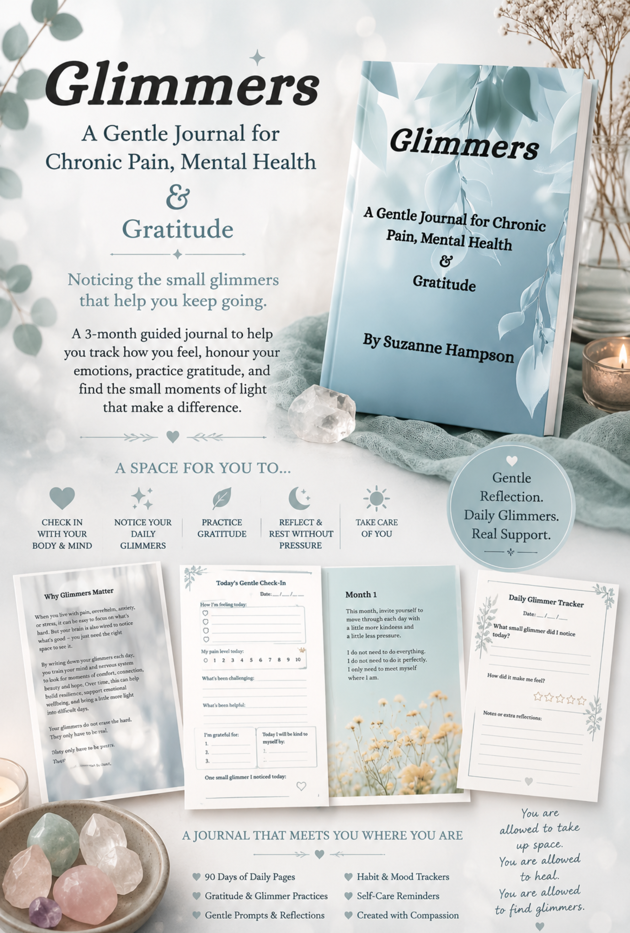 Cover of a journal titled "Glimmers" with a subtitle about chronic pain, mental health, and gratitude. The cover features a soft blue background with eucalyptus leaves and a glowing candle. The journal includes sections for daily reflection, gratitude, and self-care reminders, with small glass gems displayed in a bowl.