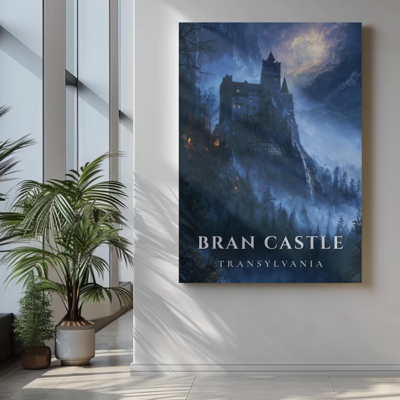 A large poster of Bran Castle in Transylvania, depicting a dark, spooky castle atop a mountain, surrounded by fog and trees, with a cloudy night sky in the background.