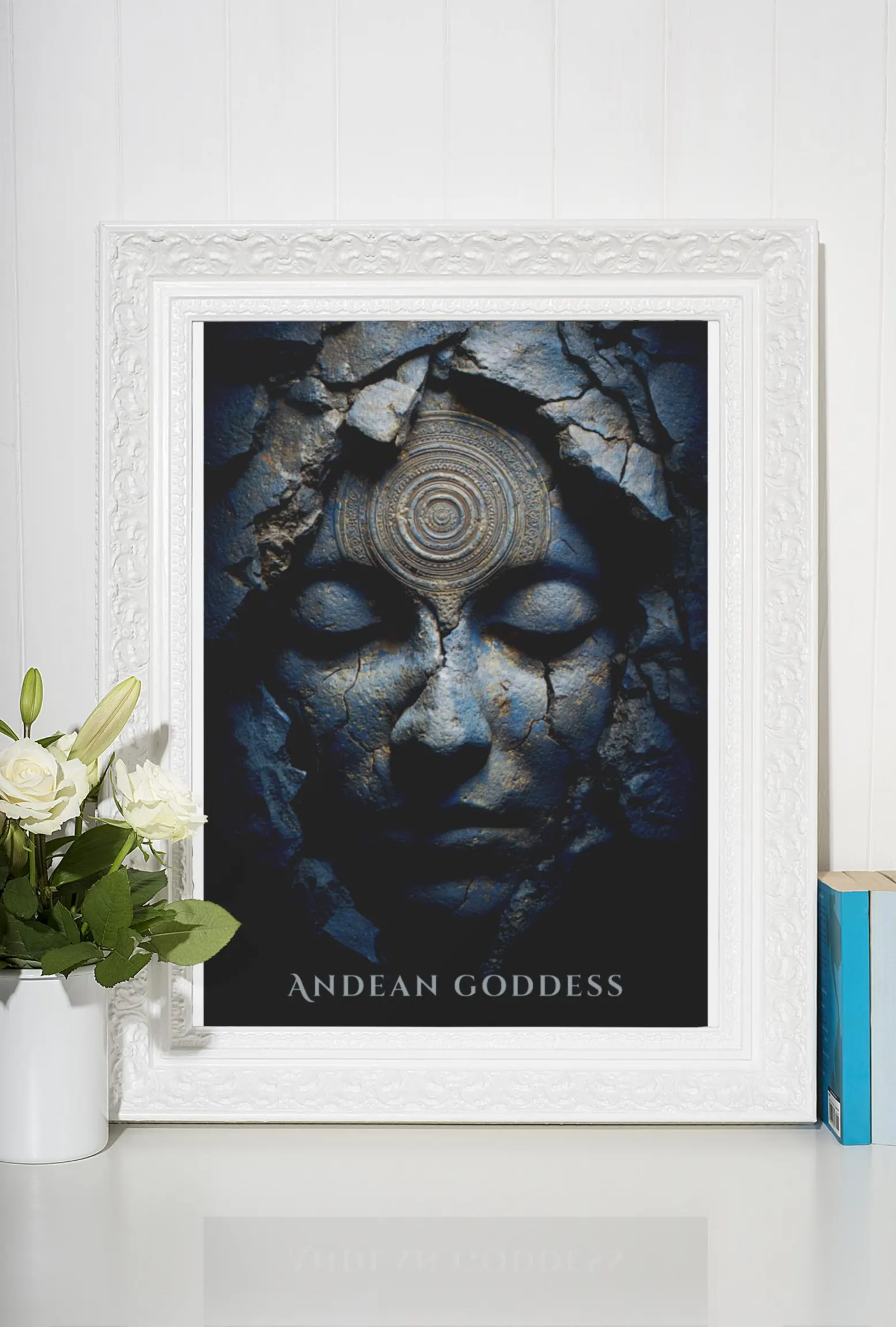 Book titled 'Andean Goddess' with a cover image of a stone Buddha face with closed eyes and a circular symbol on the forehead, placed on a white table with a white vase of white roses on the left and a teal book on the right.