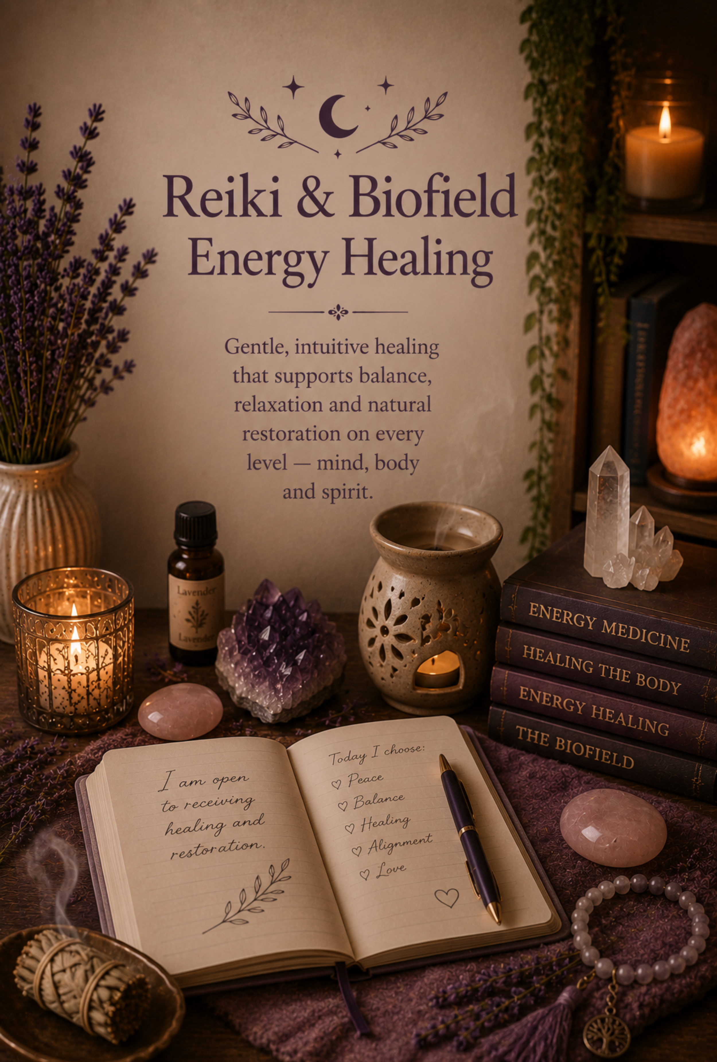 A space with a sign that reads 'Reiki & Biofield Energy Healing' and description of healing practices. Decor includes lavender, candles, crystals, books about energy medicine and healing, an open journal, a pen, a string of pearls, and a cozy, spiritual atmosphere.
