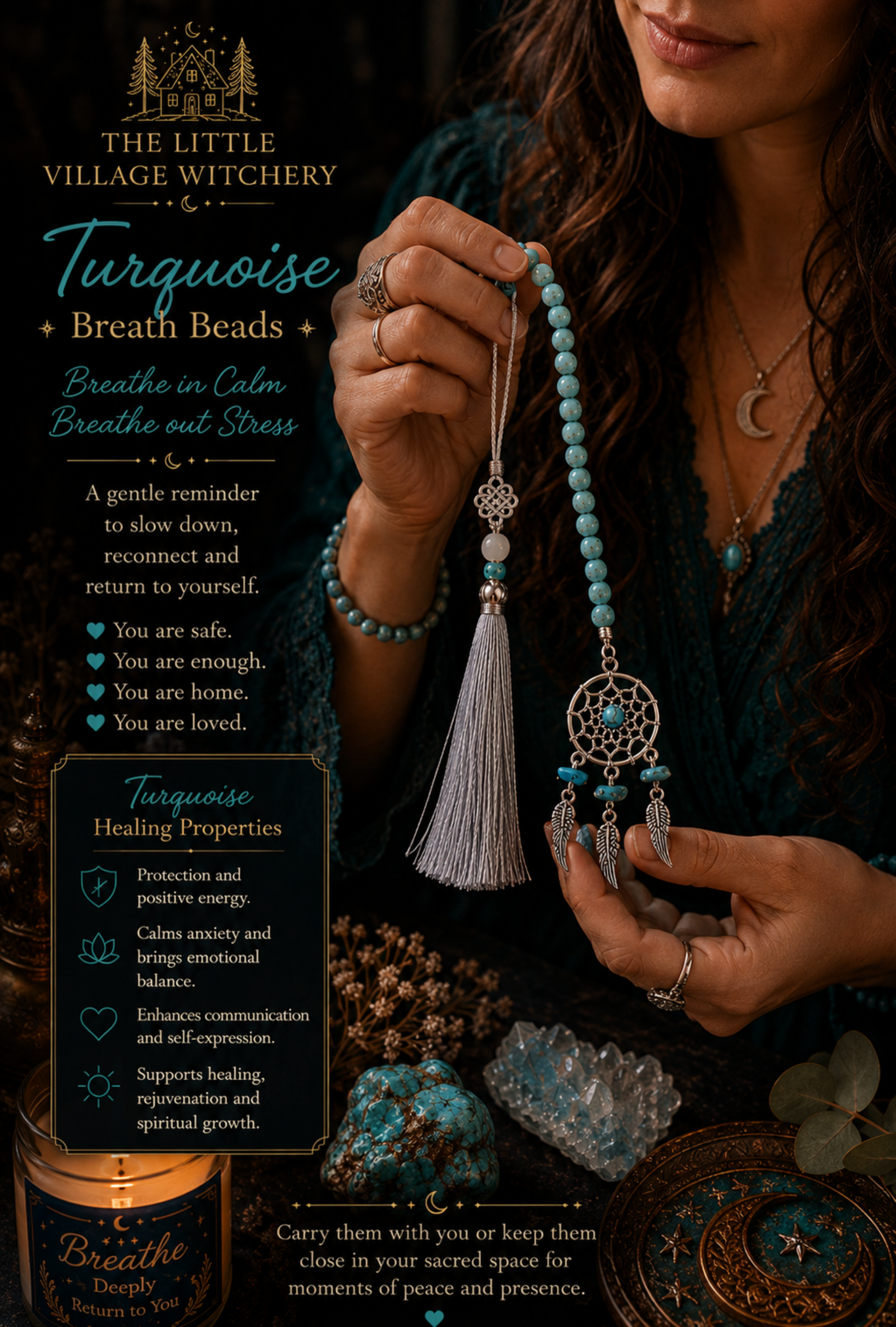 Turquoise Breath Beads Dream Catcher Charm holding.png