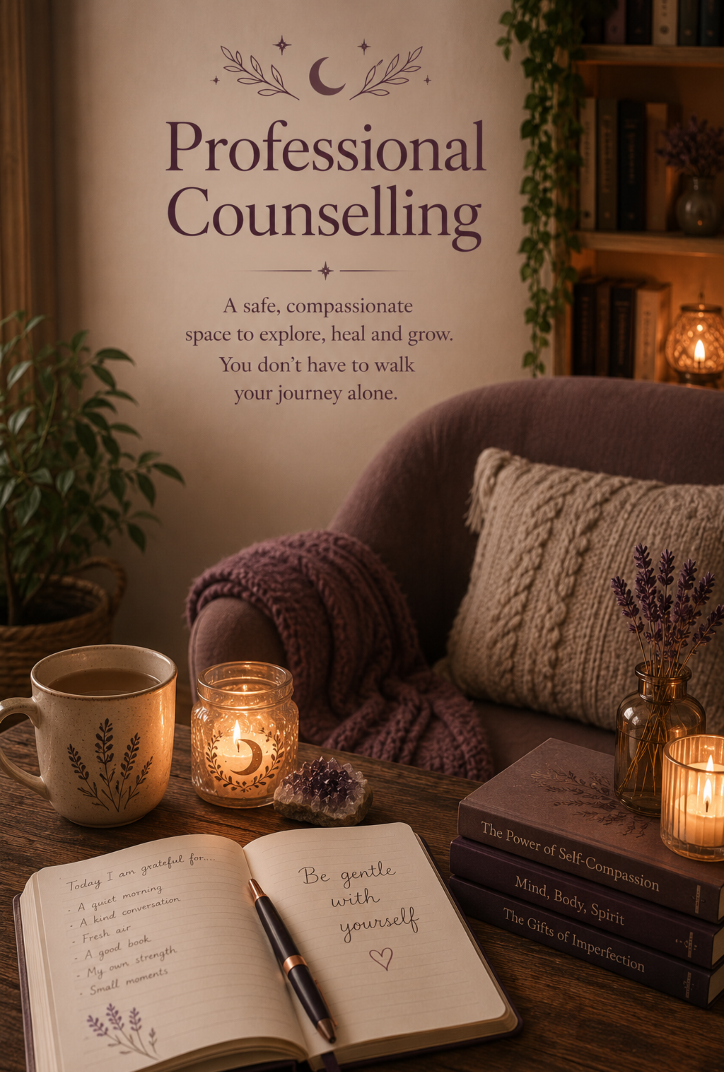 A cozy reading and meditation space featuring open journal with handwritten notes, a pen, illuminated candles, stacked books on self-compassion and mindfulness, a patterned pillow, a soft blanket on a dark purple armchair, and a wall sign reading "Professional Counseling" in purple text with celestial symbols.