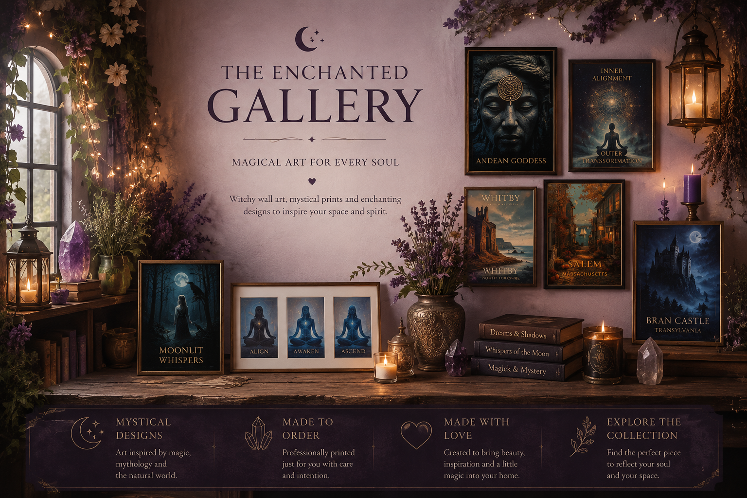 A display wall for The Enchanted Gallery featuring mystical art prints, candles, crystals, and books, with framed artwork of mystical scenes, a large sign with the gallery's name and tagline, and informational banners about their designs, order, love, and collection.