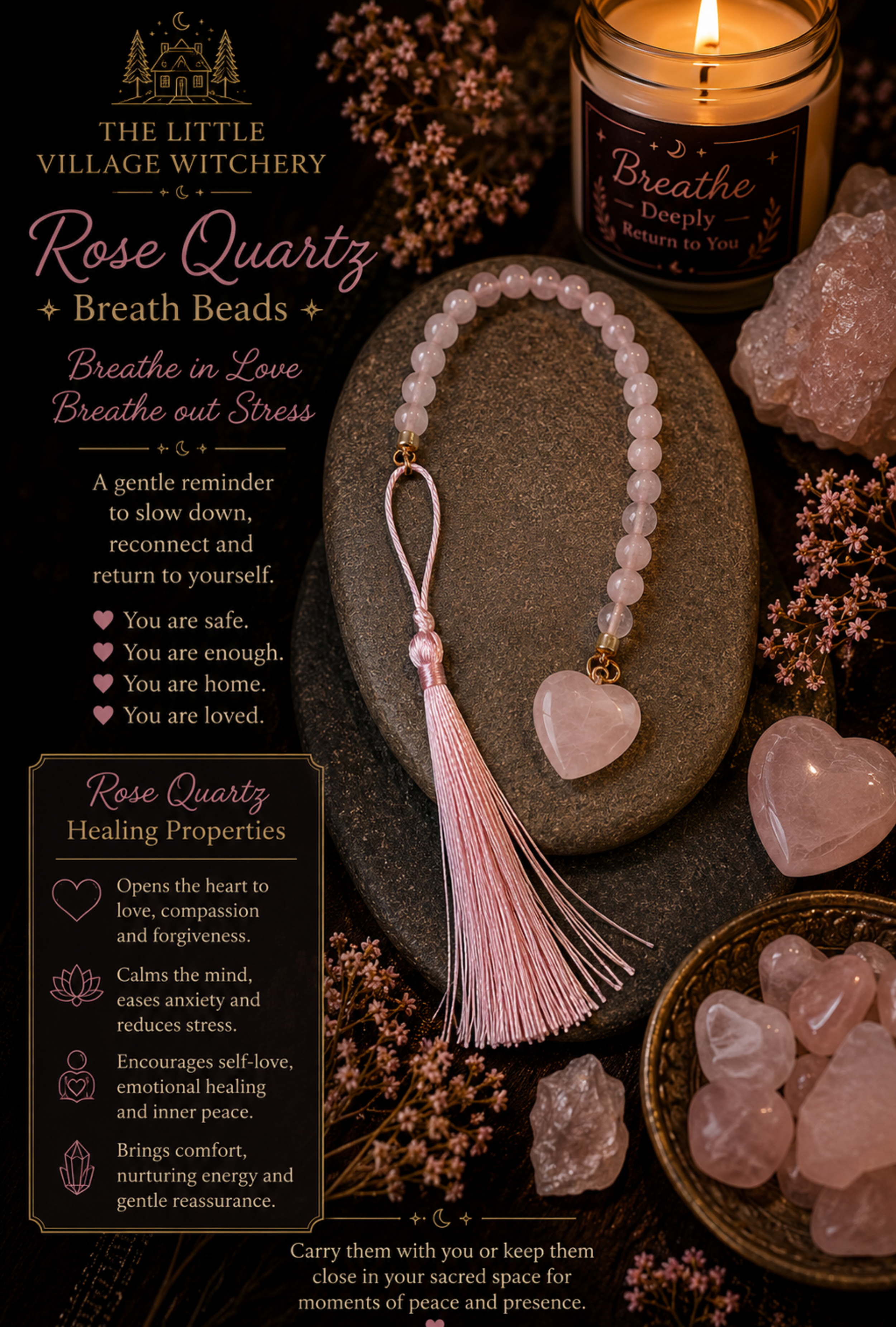 Rose Quartz Breath Beads With Heart Charm