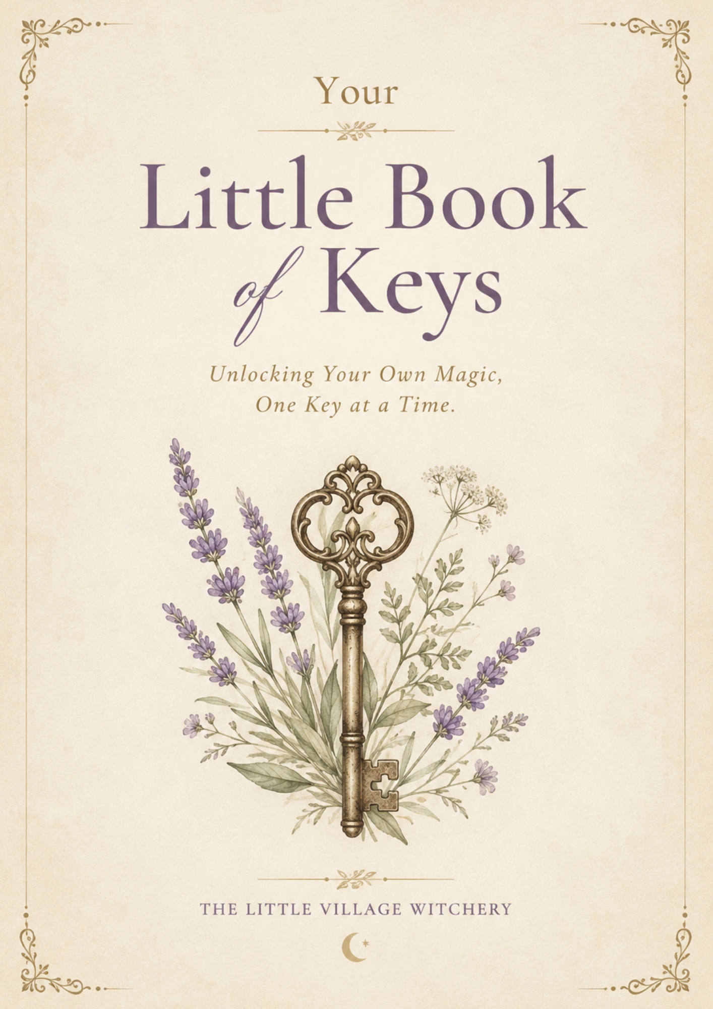 Vintage-style book cover with an antique key, lavender flowers, and decorative corner designs. The text reads 'Your Little Book of Keys' and 'Unlocking Your Own Magic, One Key at a Time.'