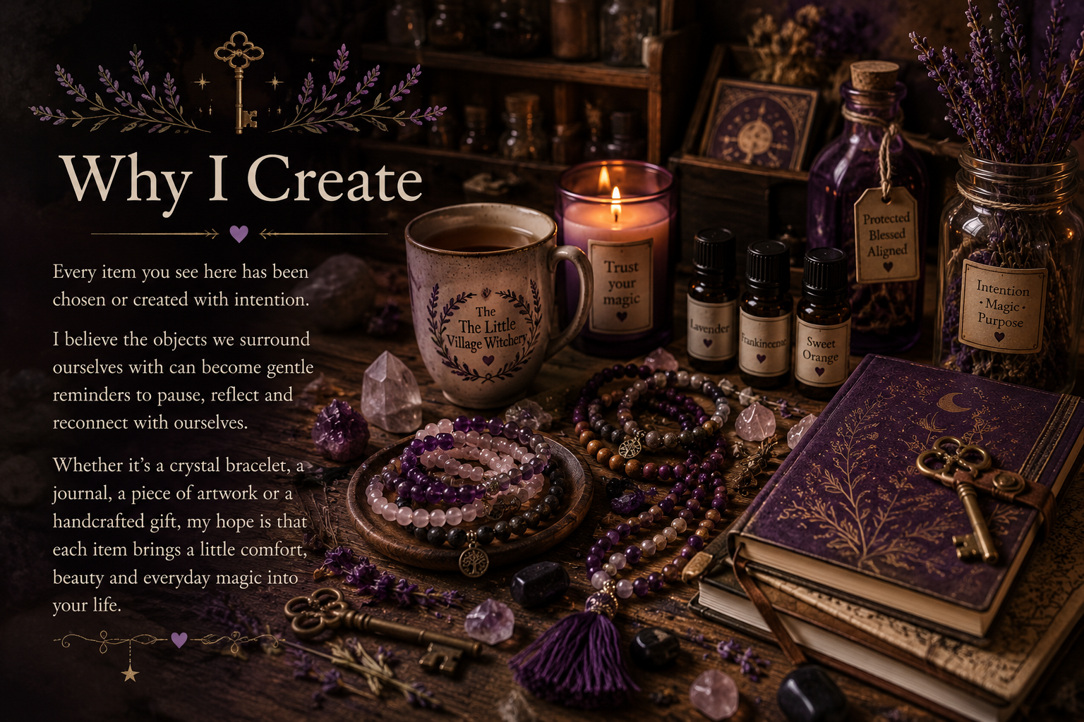 A collection of spiritual and magical items, including jewelry, candles, bottles with labels, crystals, a purple journal, and key-shaped charms, arranged on a rustic wooden surface.