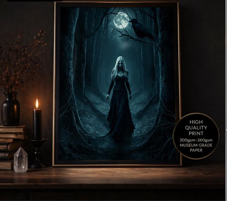 A dark, mystical forest scene at night with a full moon, featuring a woman with long flowing hair in a black dress walking along a path, a crow perched on a branch above her, and an eerie atmosphere.
