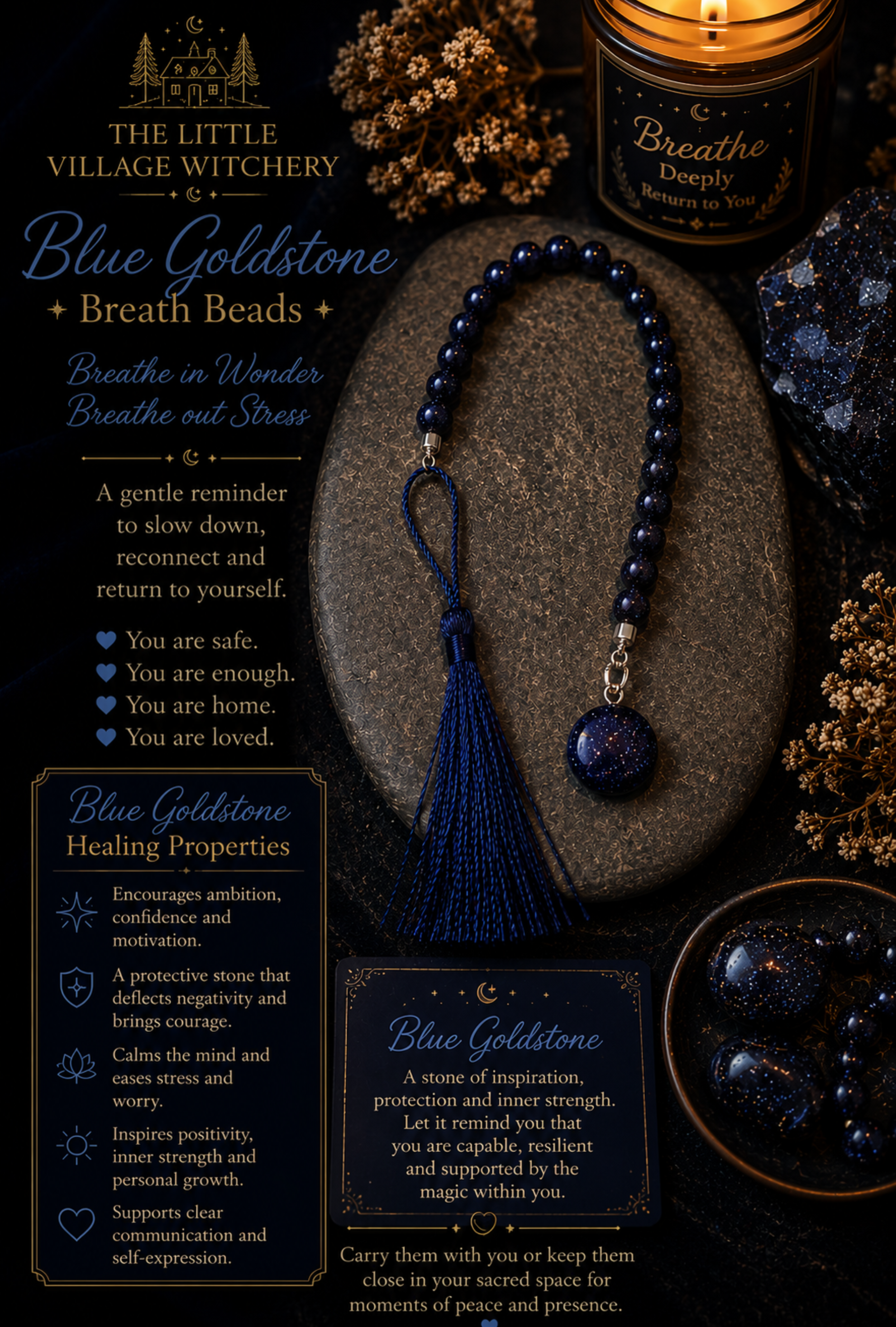 Blue Goldstone Breath Beads with Circle Charm