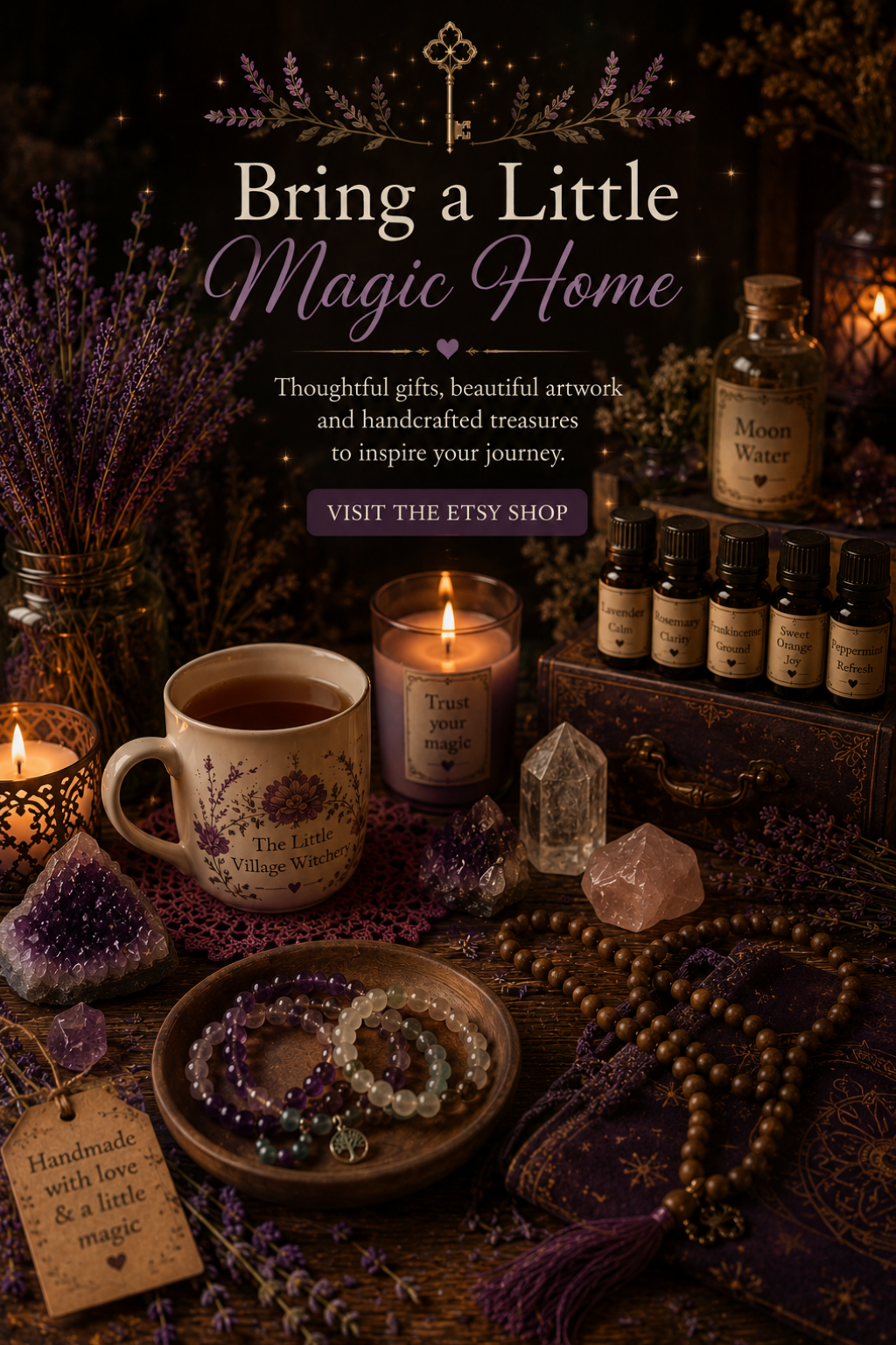 A display of witchcraft and spiritual crafts including lavender, crystals, essential oils, candles, jewelry, and a mug, with text promoting an Etsy shop selling gifts and art related to magic and craftsmanship.