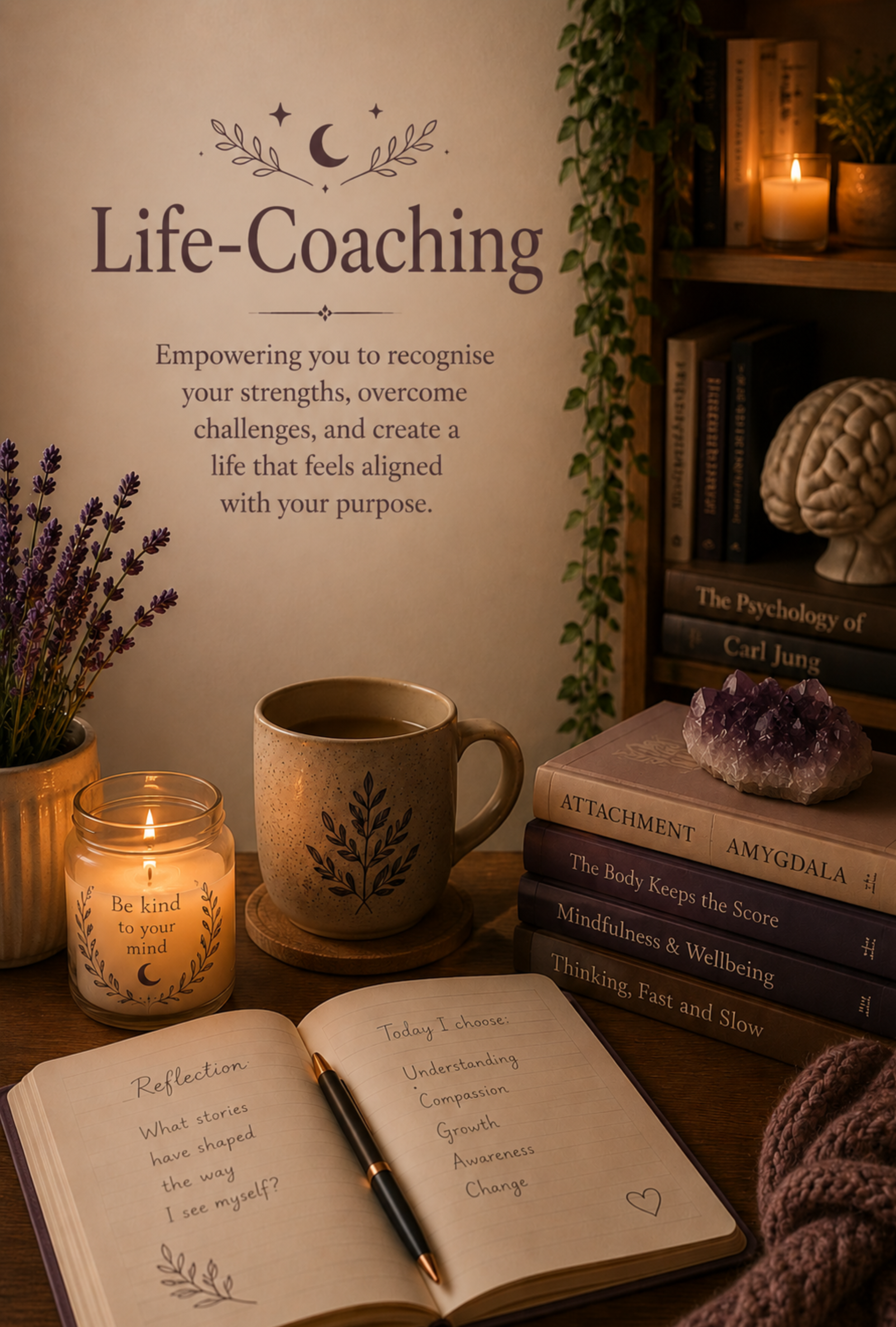 A cozy workspace featuring an open journal with the heading 'Reflection' and a list of prompts, a black pen, a ceramic mug with a leaf motif, lit candles, a potted lavender plant, a bookshelf with books, and a purple amethyst crystal on a wooden desk.