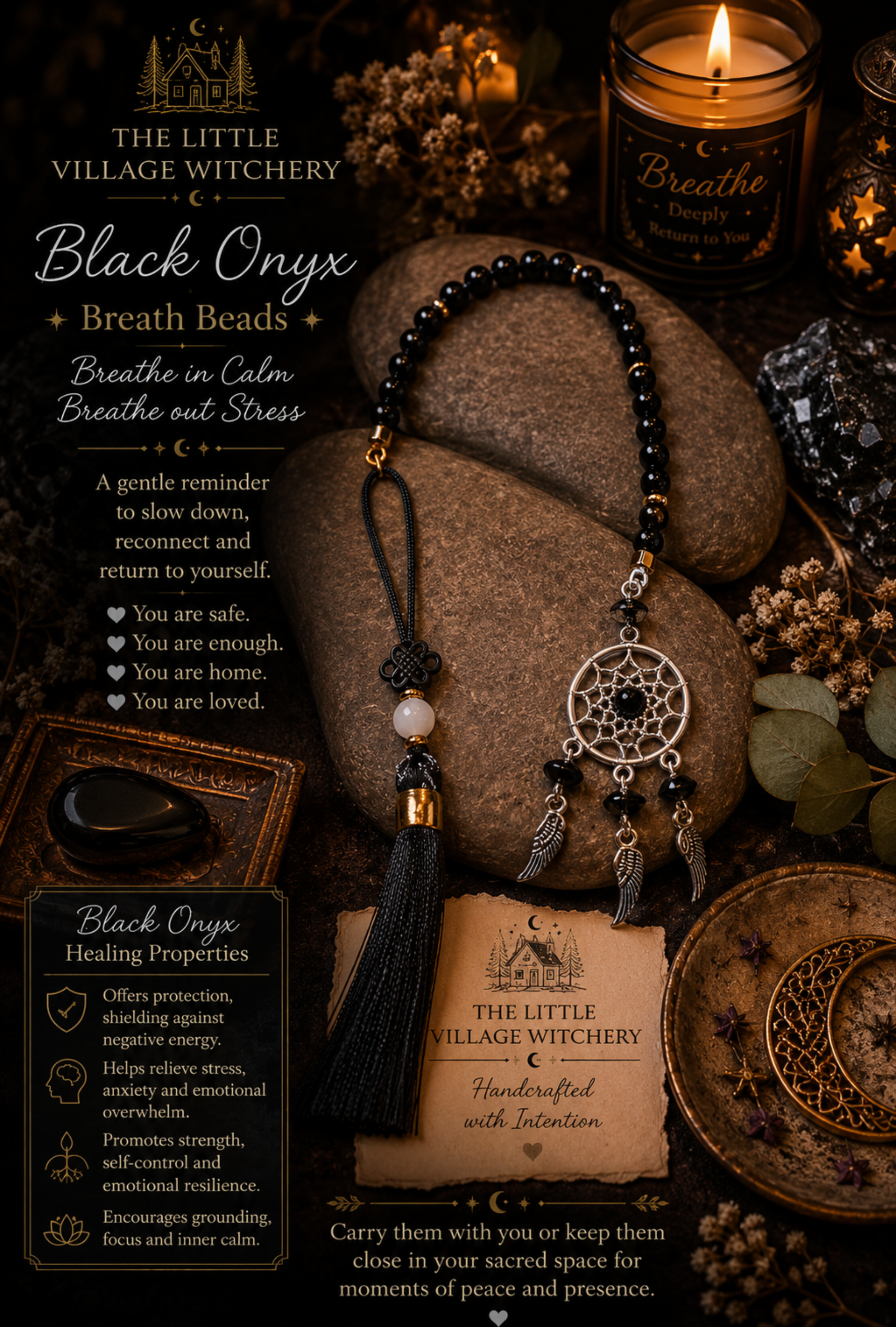 Black Onyx Breath Beads with Dream Catcher Charm