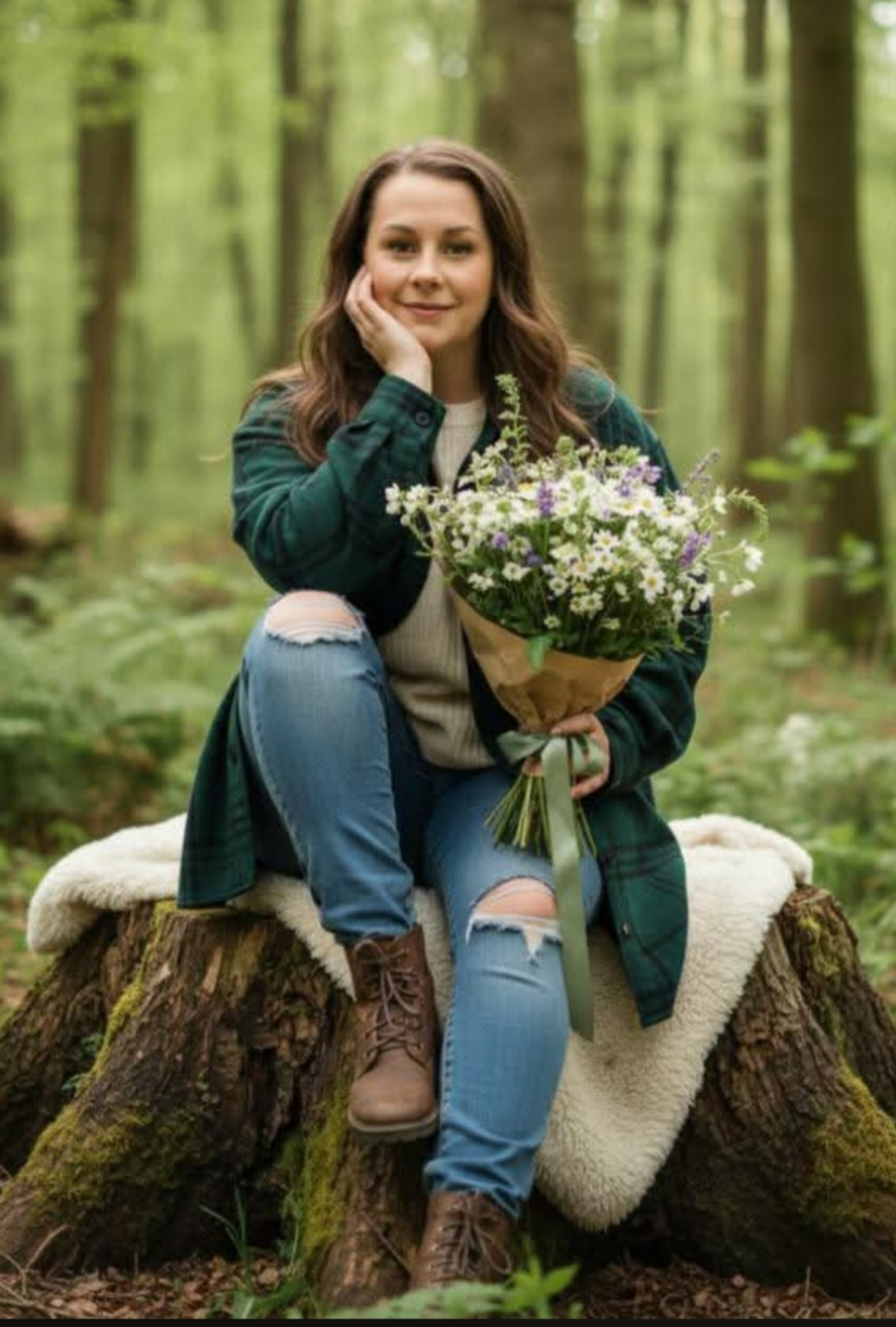A woman with brown hair and a green plaid jacket sits on a tree stump in a forest, holding a bouquet of wildflowers, with a neutral expression.