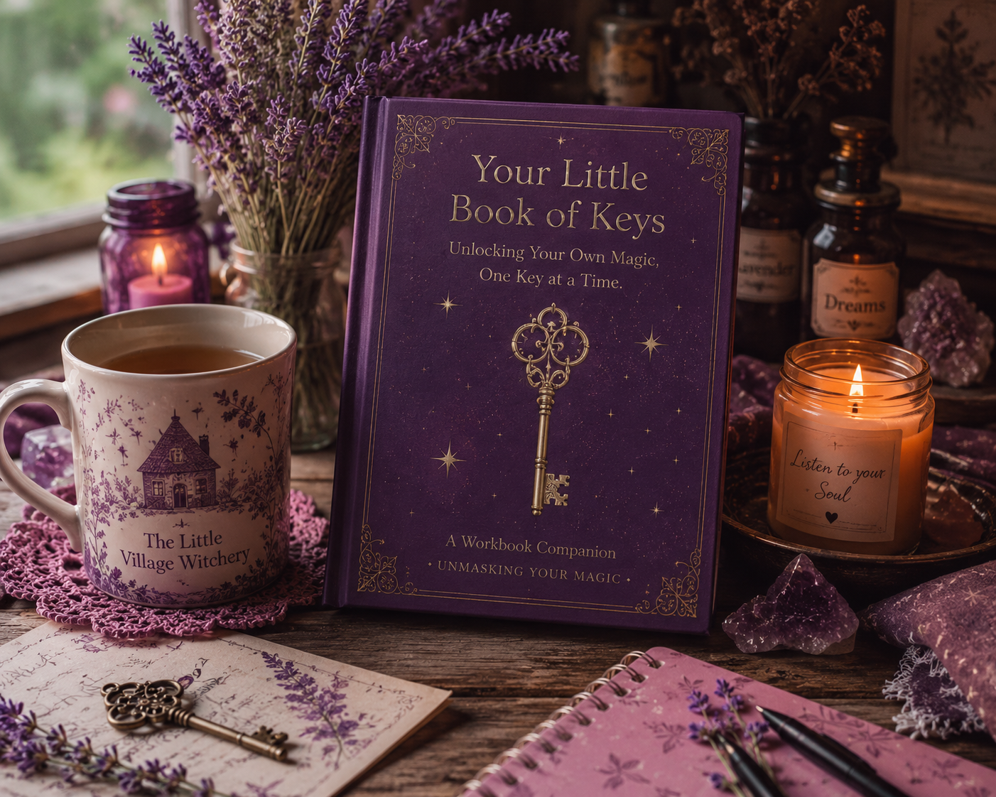 A wooden table with a purple book titled 'Your Little Book of Keys' surrounded by a mug with a house and lavender design, a jar of lavender, candles, amethyst crystals, and a notebook with a key and lavender illustration.