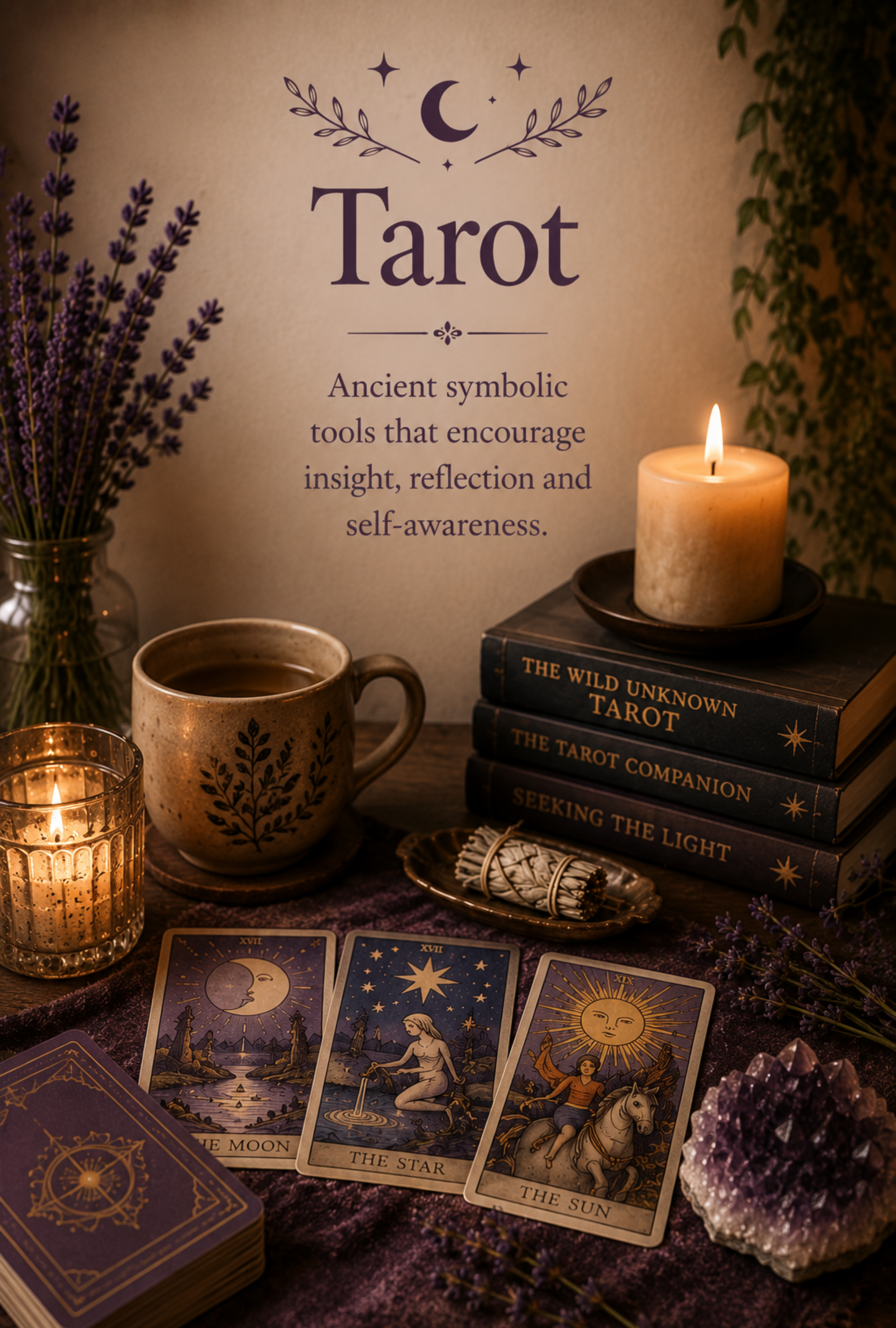 A close-up of a tarot card reading setup with four tarot cards laid out on a purple cloth, including the Moon, Star, Sun, and a fourth card partially visible. There is a lit candle in a holder, a stack of tarot guidebooks, a mug, and a glass candle holder. A crystal cluster and lavender sprigs are also present, and a sign with mystical symbols reads, "Tarot: Ancient symbolic tools that encourage insight, reflection and self-awareness."