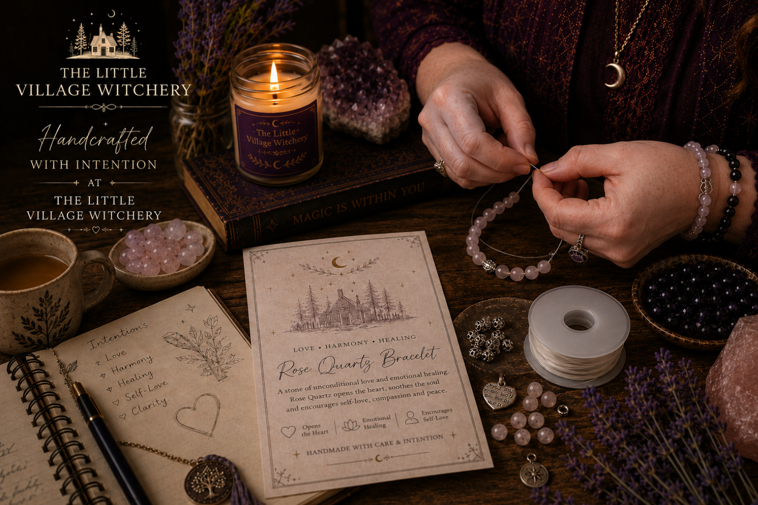 A person crafting a beaded bracelet with pink beads surrounded by crystals, herbs, candle, a notebook, and a printed card for a Rose Quartz Bracelet, on a wooden table. The scene includes spiritual and healing items, with purple flowers and a backdrop sign reading 'The Little Village Witchery'.