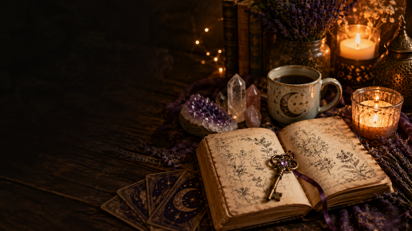 A mystical scene featuring an open vintage spellbook with botanical illustrations, a decorative key with a purple gemstone, lit candles, crystals, a mug with a moon and star design, purple flowers, and tarot cards on a dark wooden surface.