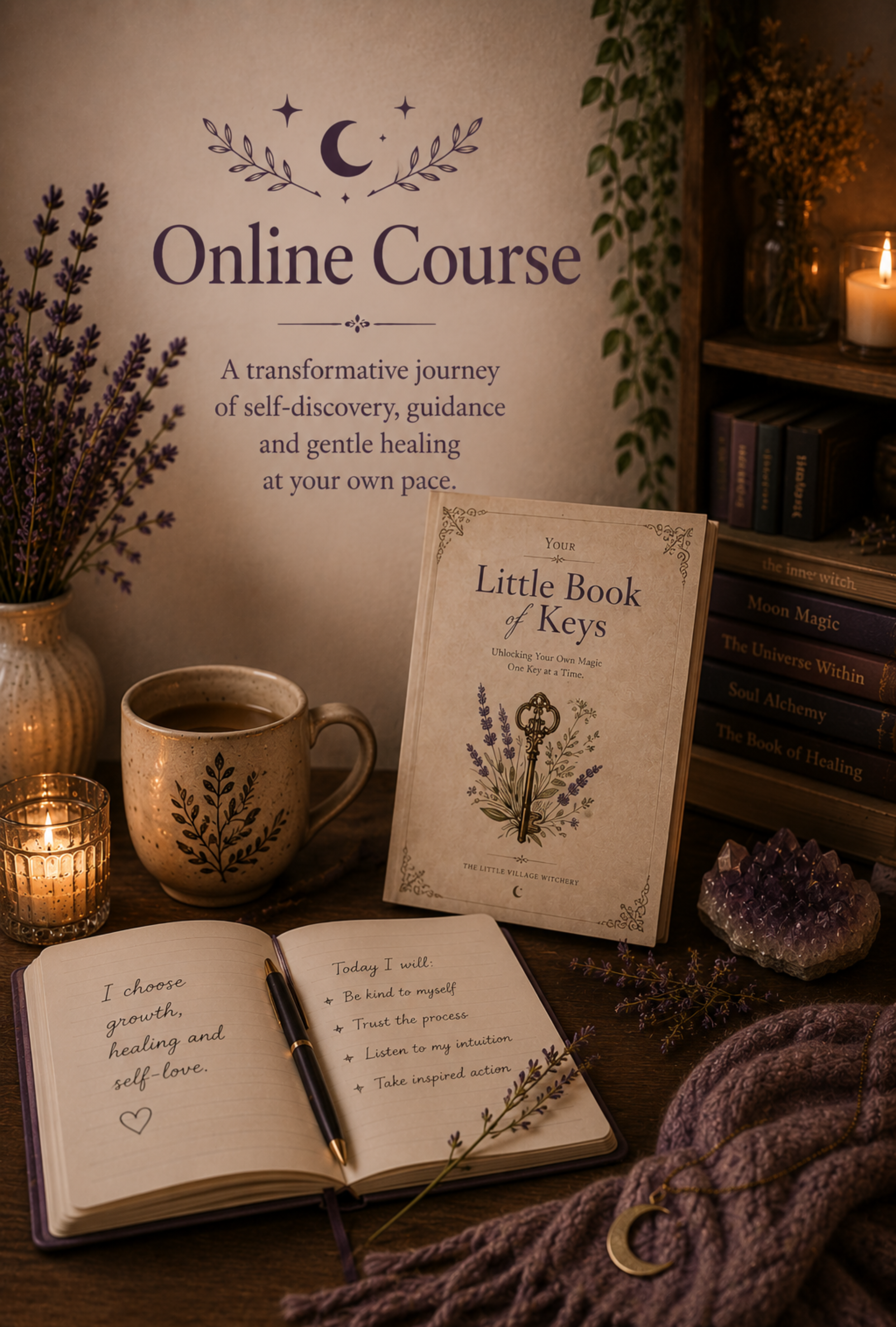 A cozy scene with a sign advertising an online course about self-discovery and healing, books, a candle, a lavender plant, a mug, an amethyst crystal, and a journal with a pen on a wooden table.