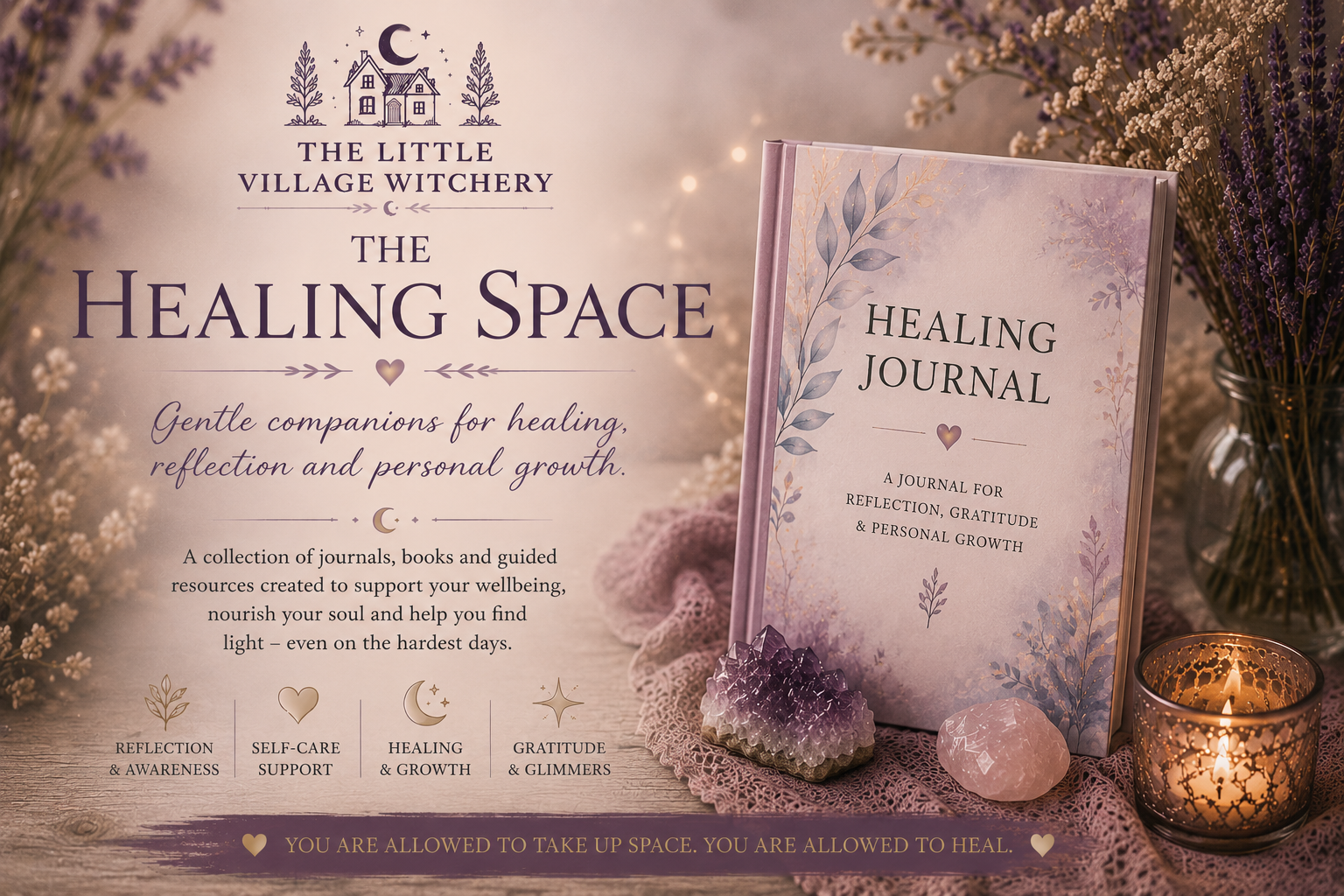 A promotional display featuring a healing journal titled "Healing Journal" and a book titled "The Healing Space". The display includes a purple and pink theme with crystals, a candle, and dried flowers, promoting reflection, gratitude, self-care support, healing, and growth.