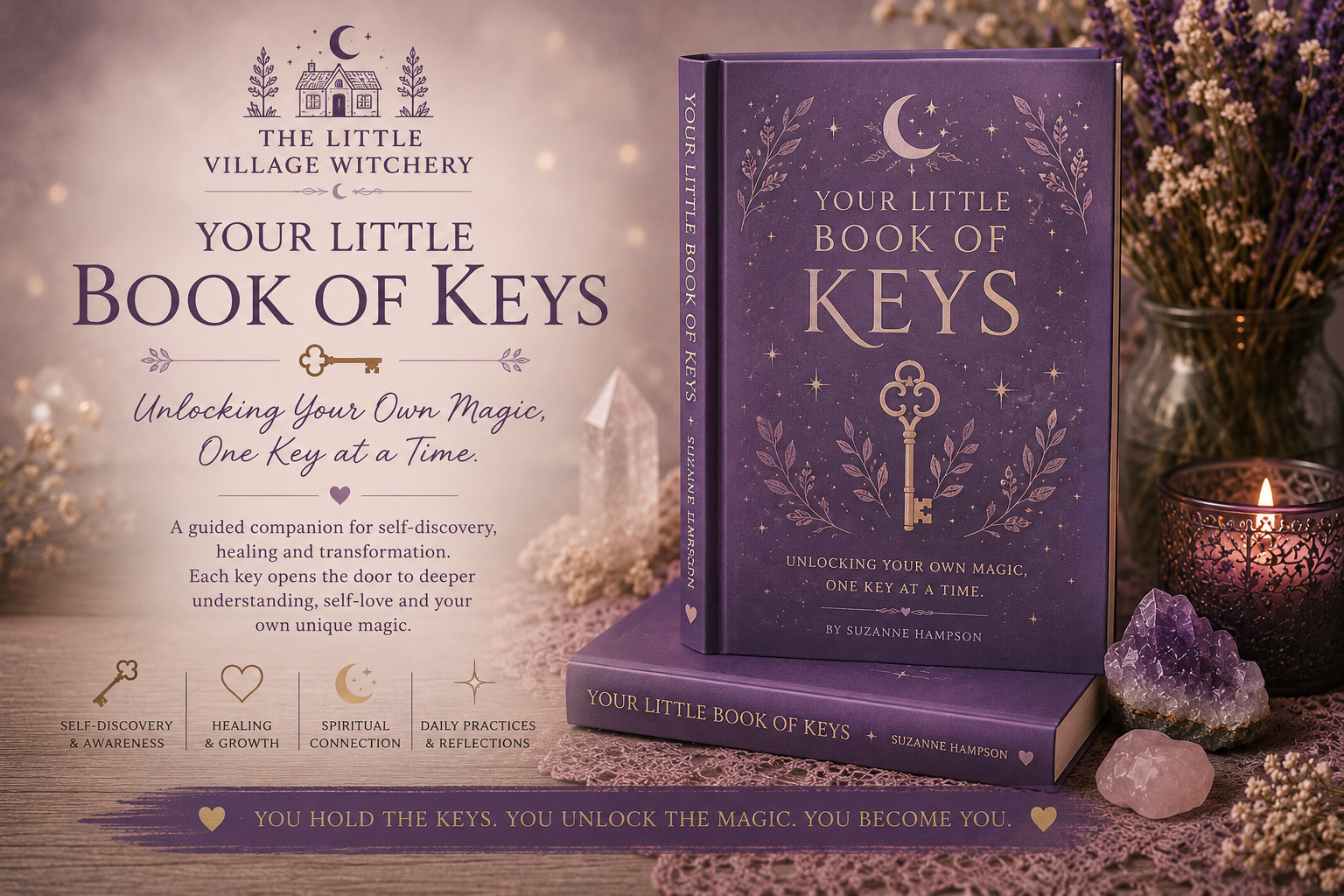 Cover of a book titled 'Your Little Book of Keys' by Suzanne Hampson, with illustrations of a key and stars on a purple background. The display includes a physical copy of the book, a lit candle, and crystals on a textured surface, surrounded by dried flowers.