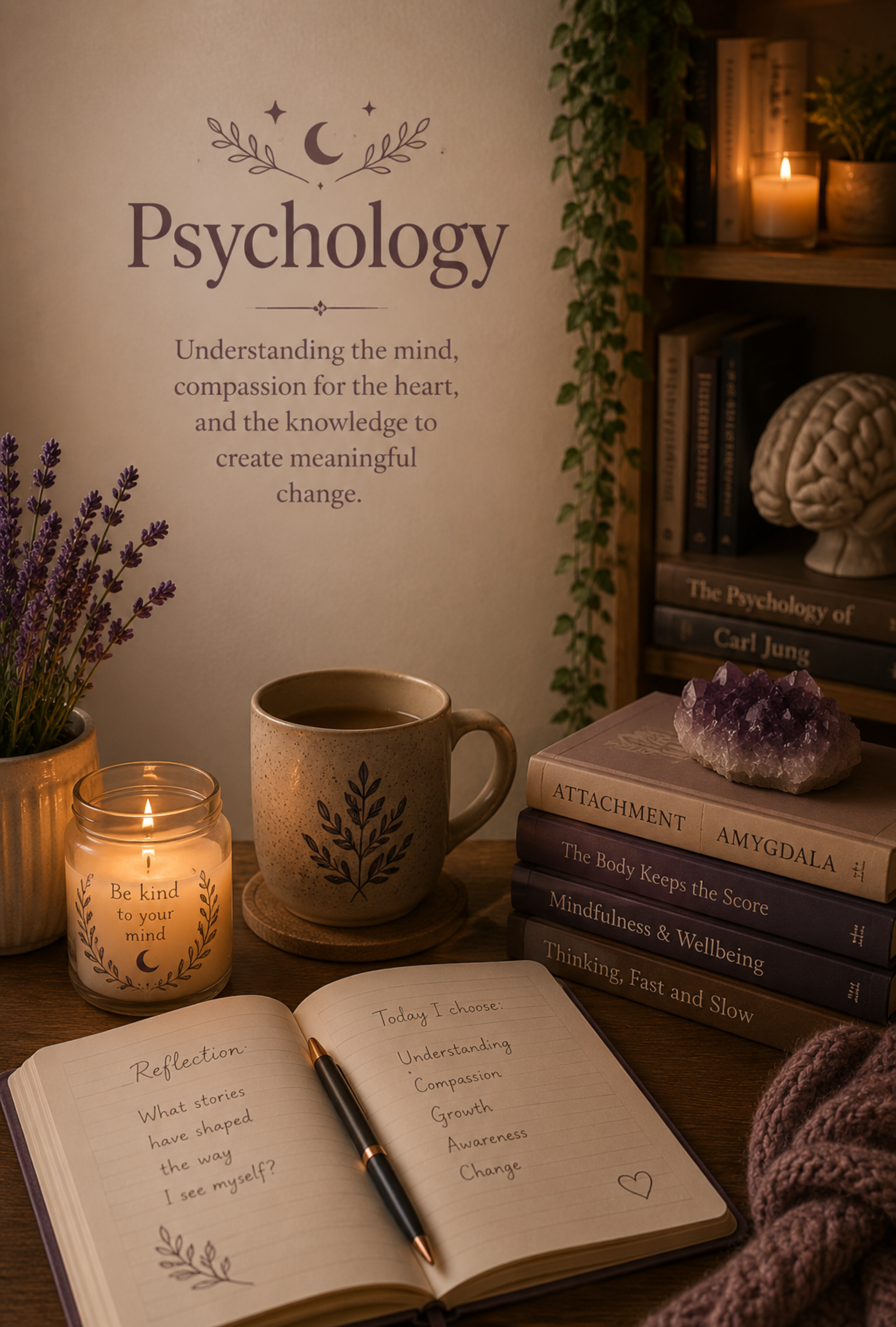 A cozy desk setup with a psychology book collection, candles, a potted plant, a notebook open to a journal entry about reflection and growth, a coffee mug, and lavender flowers, all illuminated by warm candlelight.