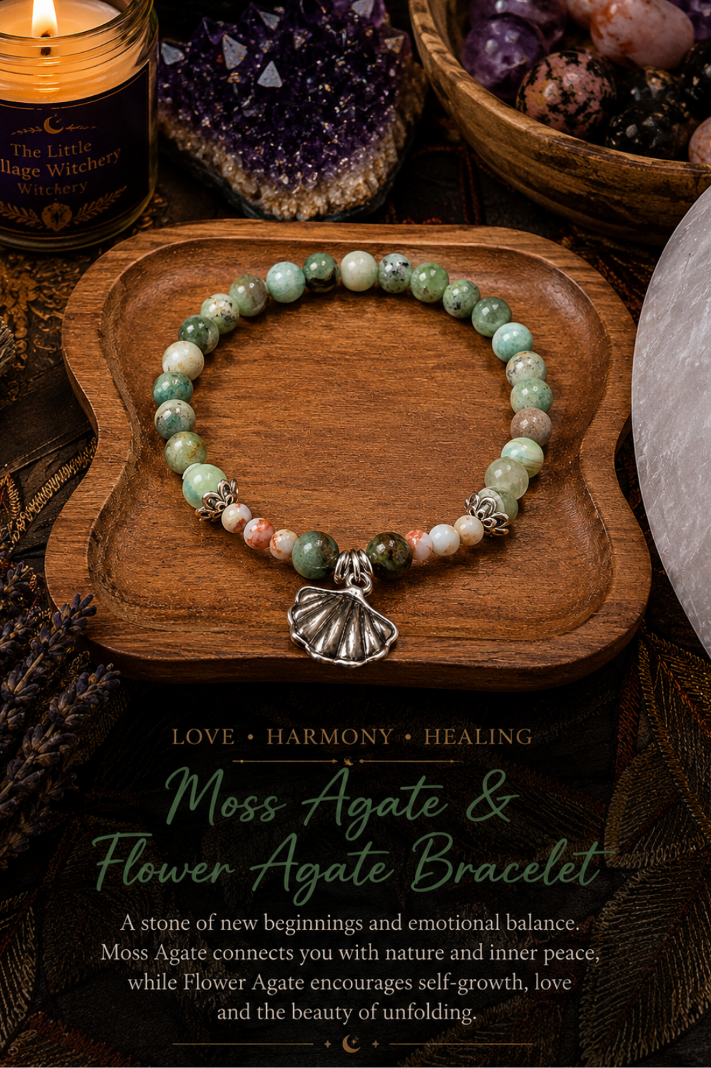 Moss Agate & Flower Agate Bead Bracelet