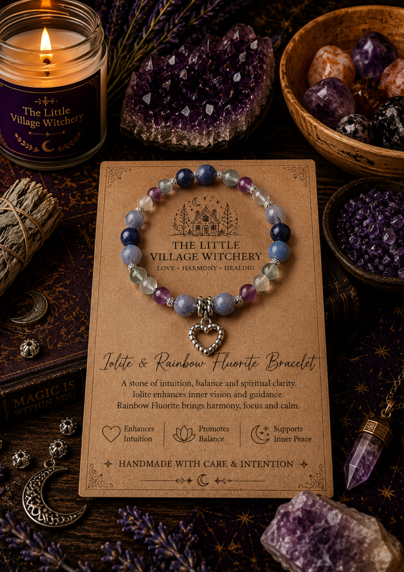 Iolite & Rainbow Flourite Bead Bracelet