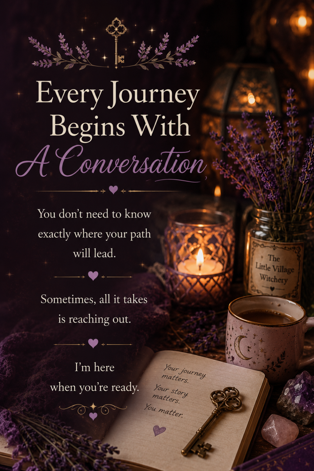 Empty open notebook with handwritten message, surrounded by a brass key, crystals, a mug with a moon and star design, lavender flowers, a candle in a decorative holder, a jar labeled 'The Little Village Witchery,' and a lit lantern. The scene is cozy and illuminated with warm, soft lighting.